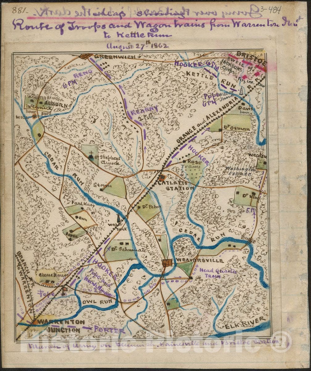 Historic 1862 Map - Route of Troops and Wagon Trains from Warrenton Jnct. to Kettle Run