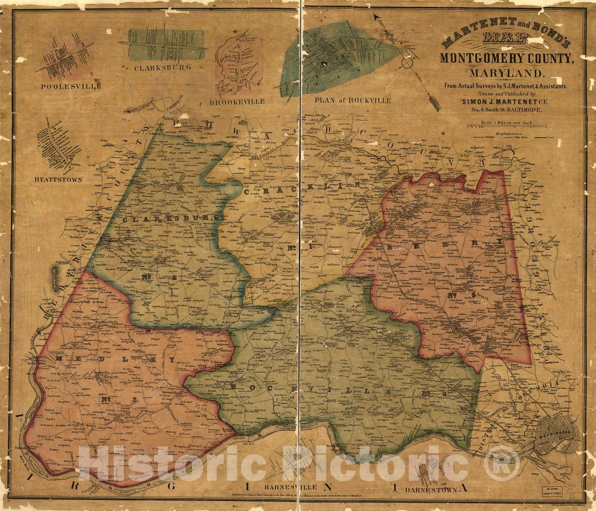 Historic 1865 Map - Martenet and Bond's map of Montgomery County, Maryland