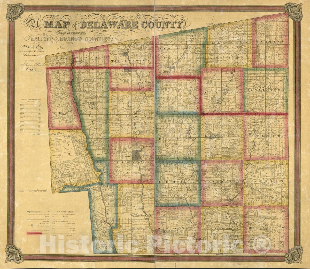 Historic 1849 Map - Map of Delaware County : Also a Part of Marion and Morrow Counties