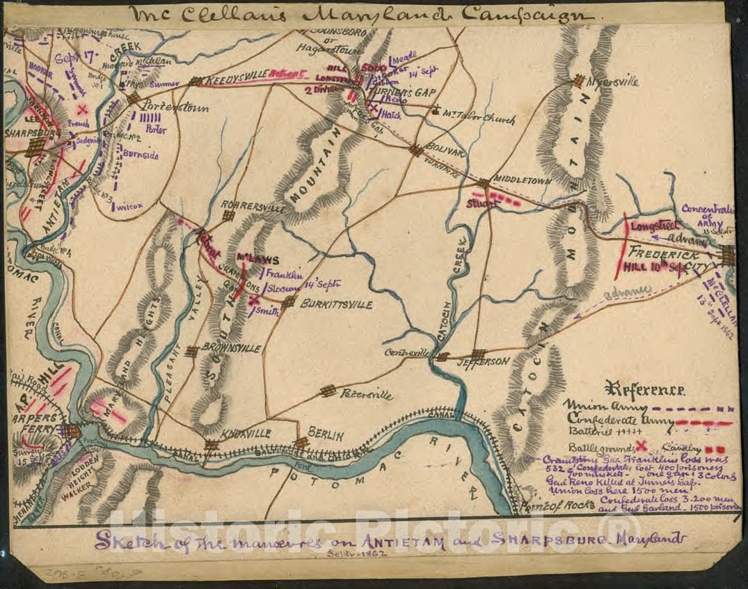 Historic 1862 Map - Sketch of The manoeuvres sic on Antietam and Sharpsburg, Maryland. Septr 1862.