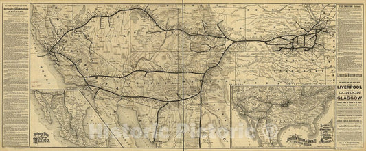 Historic 1884 Map - The Santa FÃ© Route Atchison, Topeka & Santa FÃ© R.R. 3 Lines Between The Missouri River and The Pacific Coast to The City of Mexico via The A.T.&S