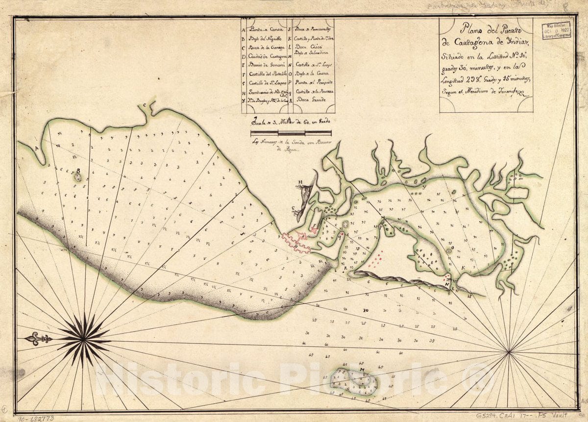 Historic 1700 Map - Plano del Puerto de Cartagena de Yndias situado en la lattitud N. 10 grados 30 minutos y en la longitud 298 grados y 15 minutos segun el meridiano de Tenerife.