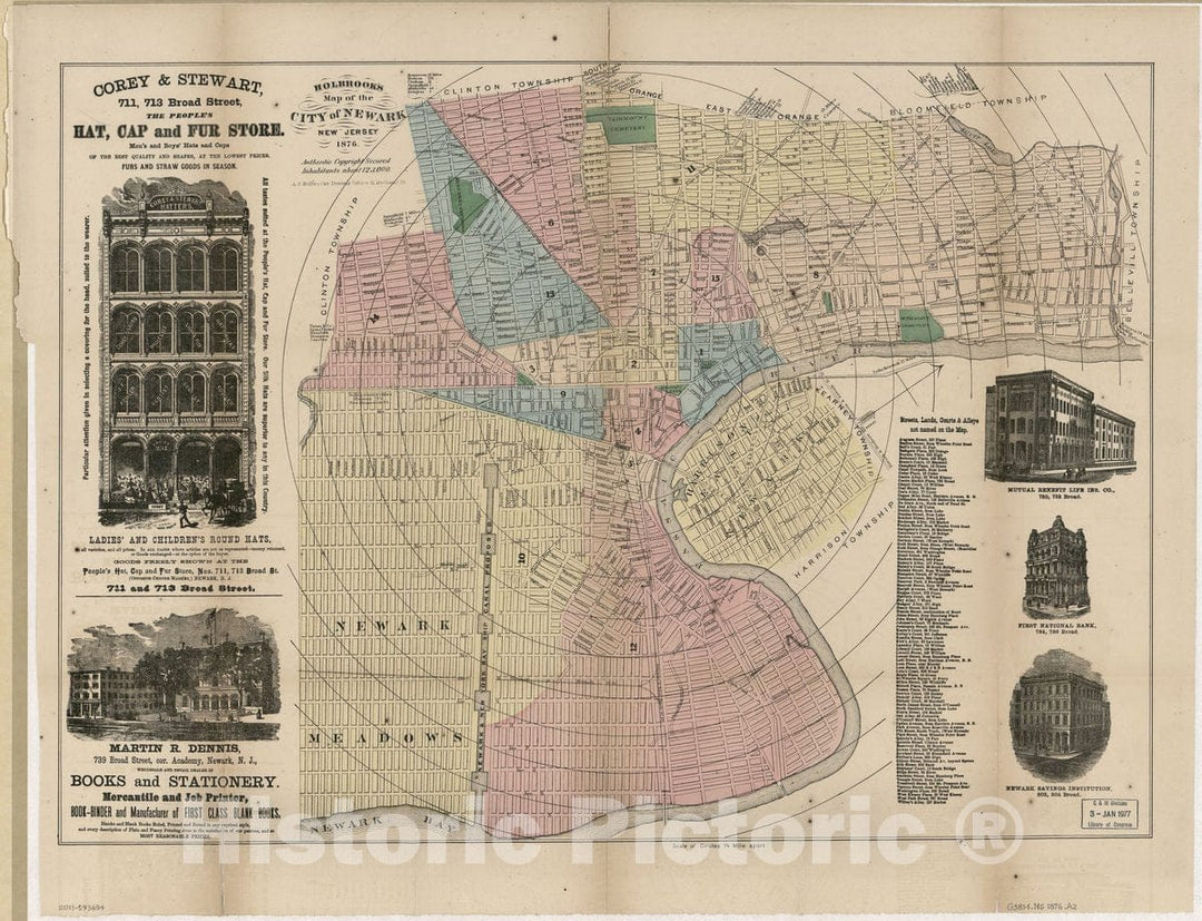 Historic 1876 Map - Holbrook's map of The City of Newark, New Jersey.