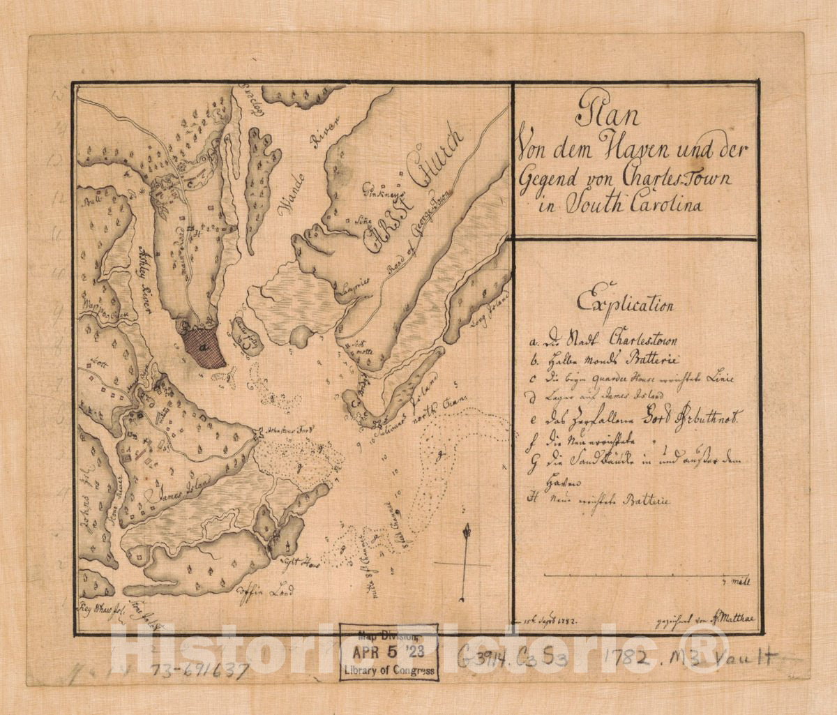 Historic 1782 Map - Plan von dem Haven und der Gegend von Charles Town in South Carolina Sept. 1782