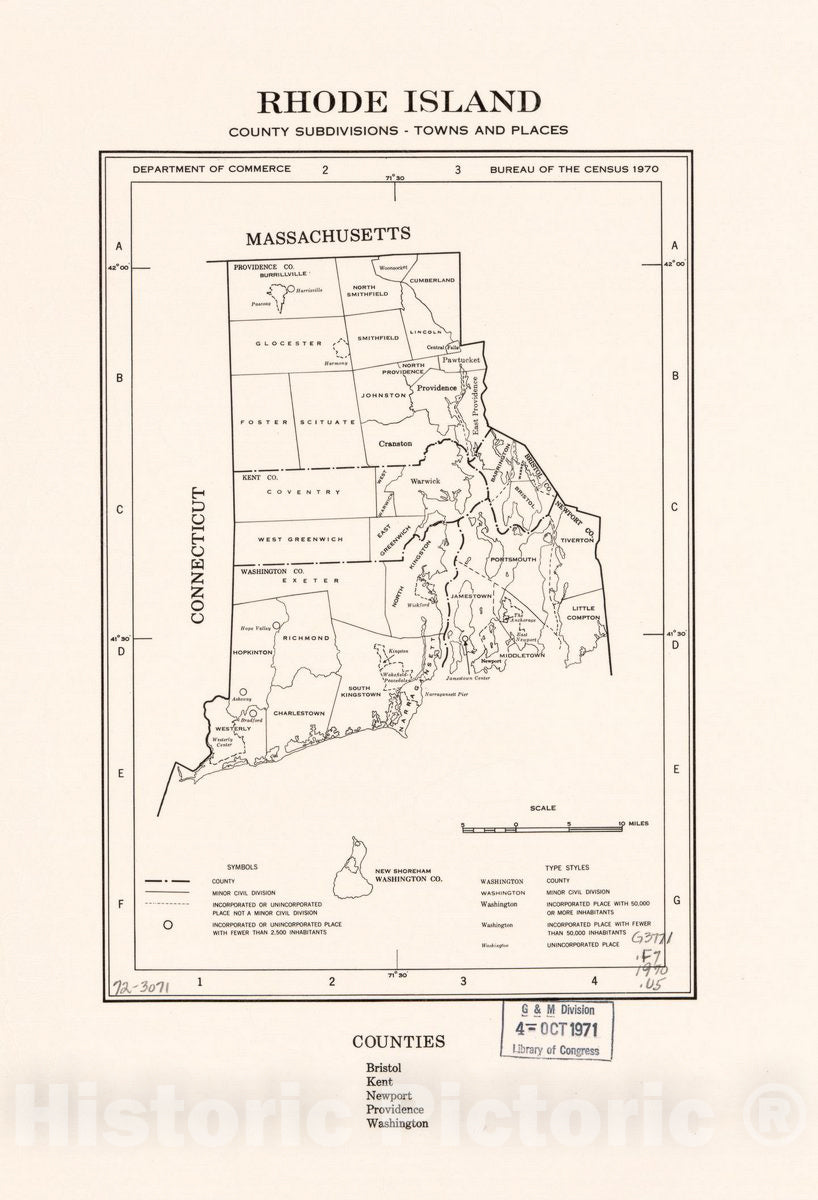 Historic 1971 Map - Rhode Island; County subdivisions, Towns and Places. 1970.