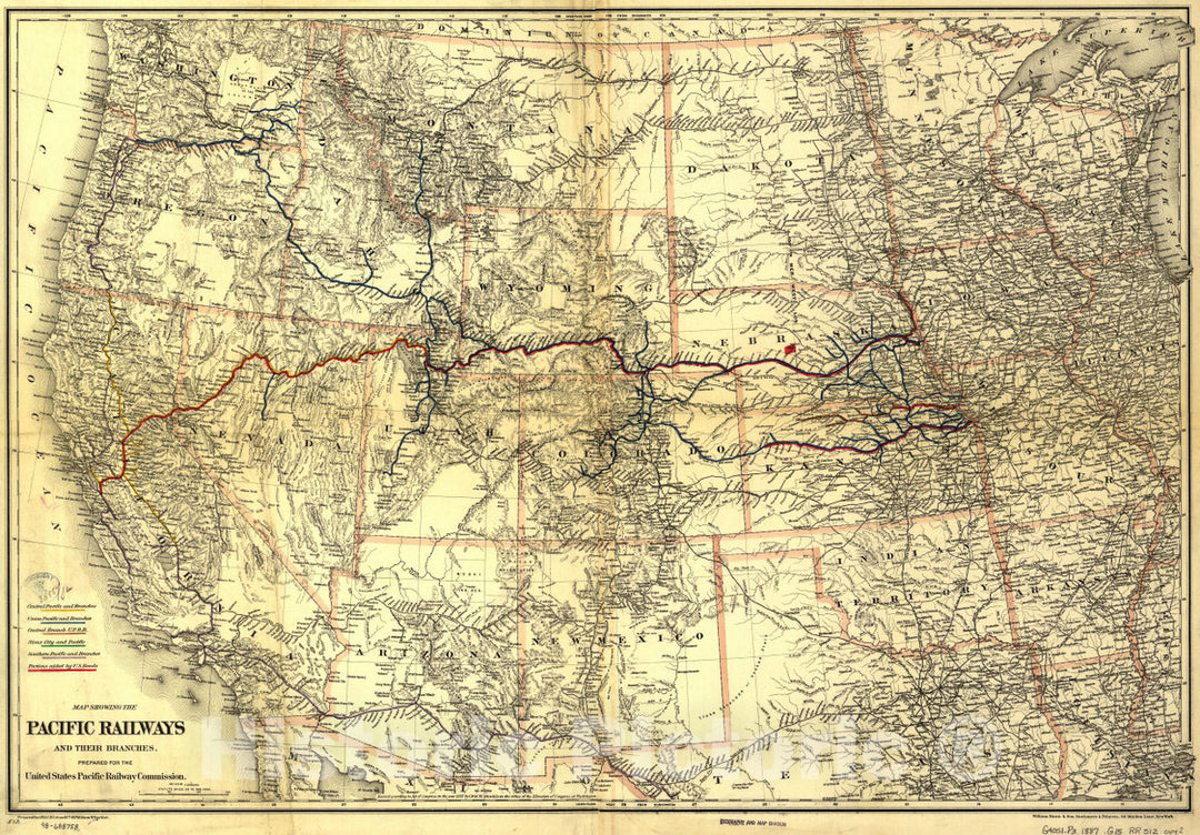Historic 1887 Map - Map Showing The Pacific Railroads and Their Branches; Prepared for The United States Pacific Railway Commission.