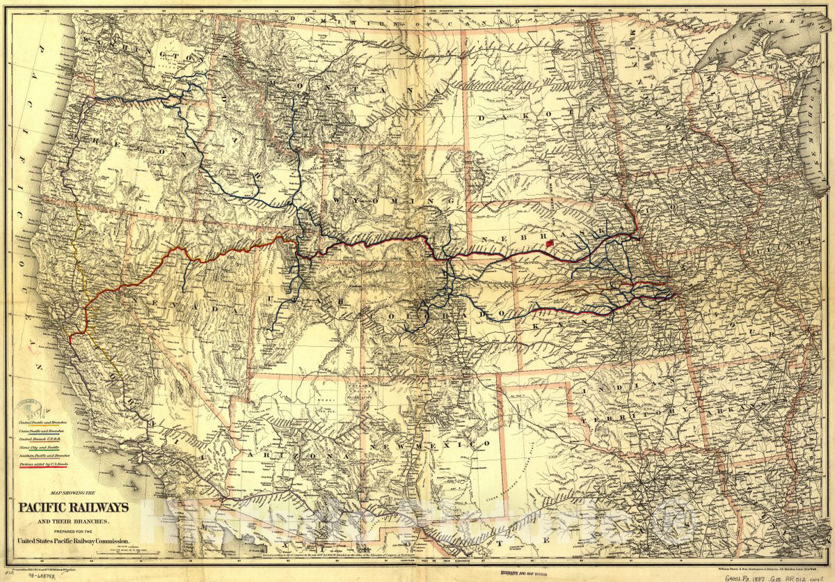 Historic 1887 Map - Map Showing The Pacific Railroads and Their Branches; Prepared for The United States Pacific Railway Commission.