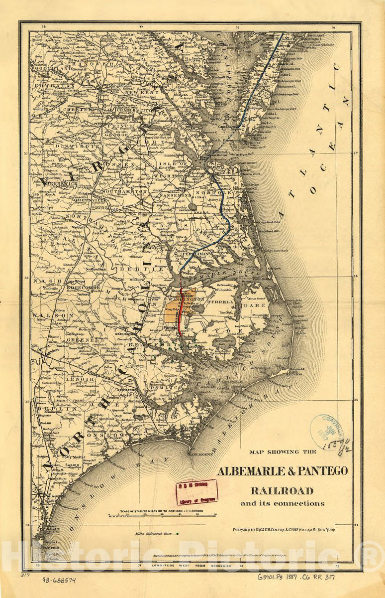 Historic 1887 Map - Map Showing The Albemarle & Pantego Railroad and its Connections.