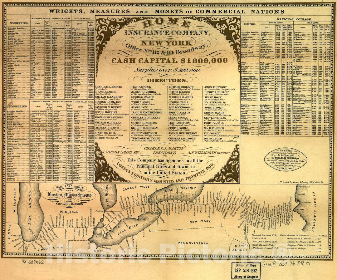 Historic 1859 Map - Road Road Route from Boston, Massachusetts to Chicago, Illinois.
