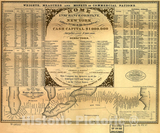 Historic 1859 Map - Road Road Route from Boston, Massachusetts to Chicago, Illinois.
