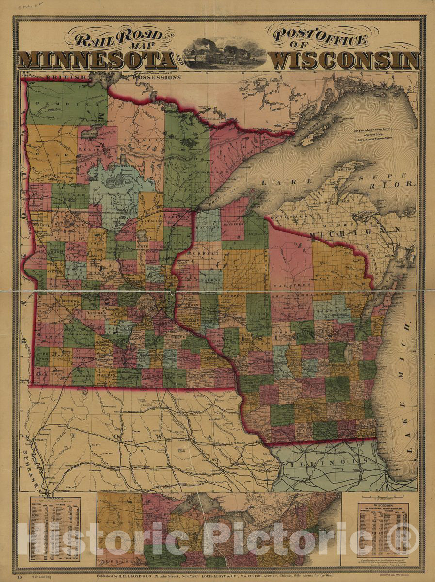 Historic 1871 Map - Railroad and Post Office map of Minnesota and Wisconsin.