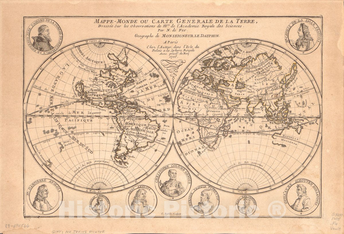 Historic 1705 Map - Mappe-Monde ou Carte gÃ©nÃ©rale de la Terre 2