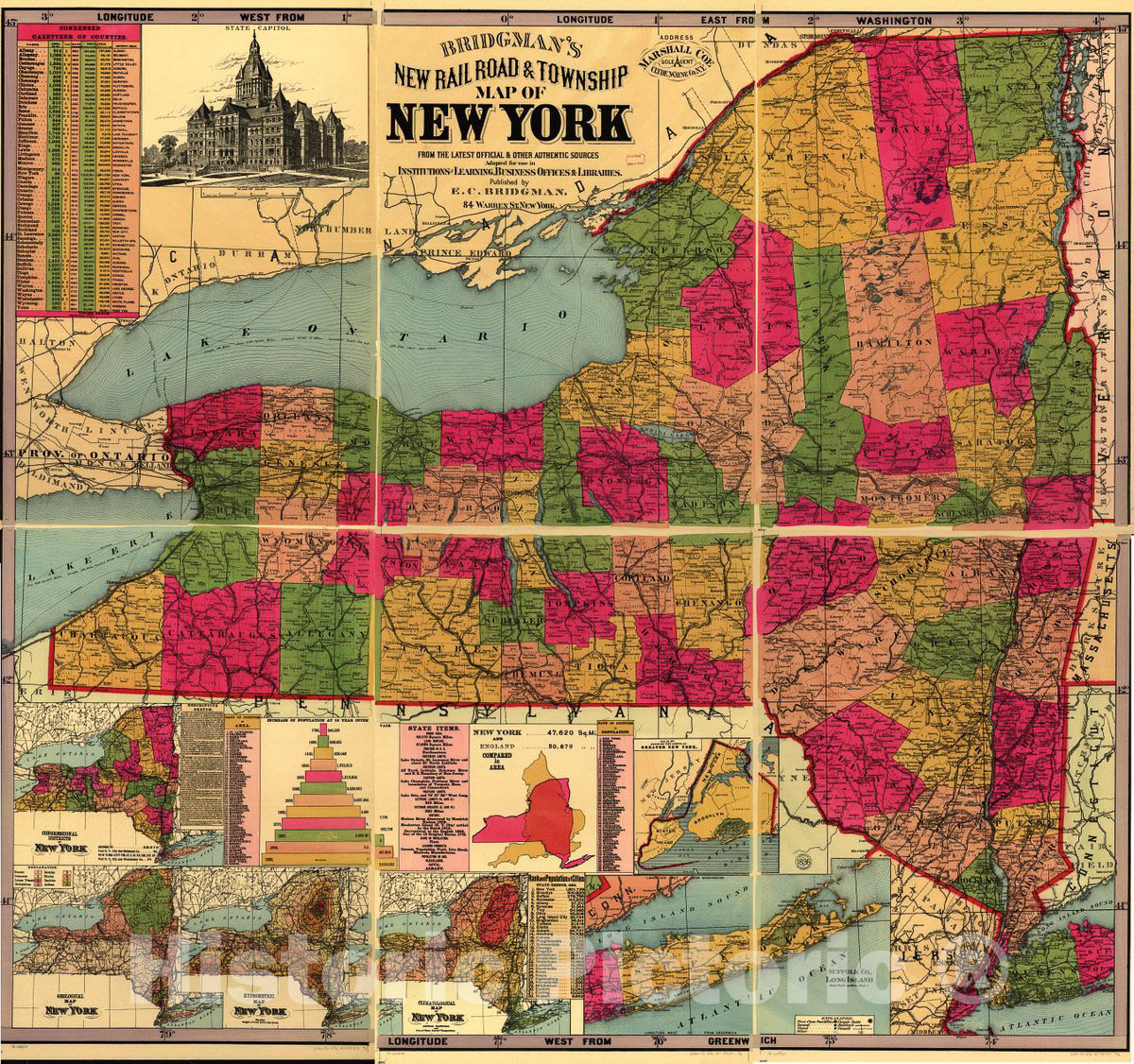 Historic 1896 Map - Bridgman's New Rail Road & Township map of New York