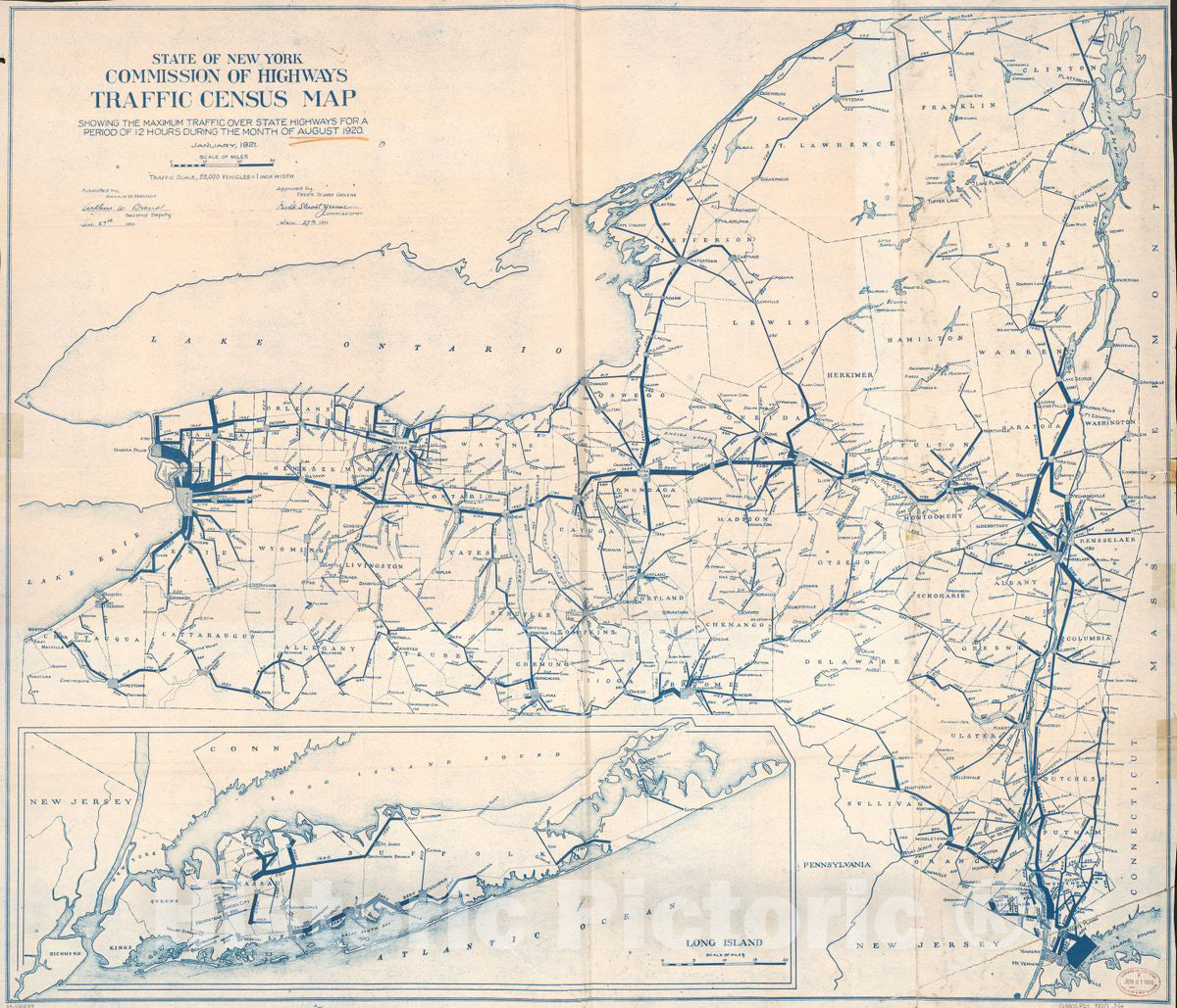 Historic 1920 Map - Traffic Census map : Showing The Maximum Traffic Over State Highways for a Period of 12 Hours During The Month of August 1920 : State of New York