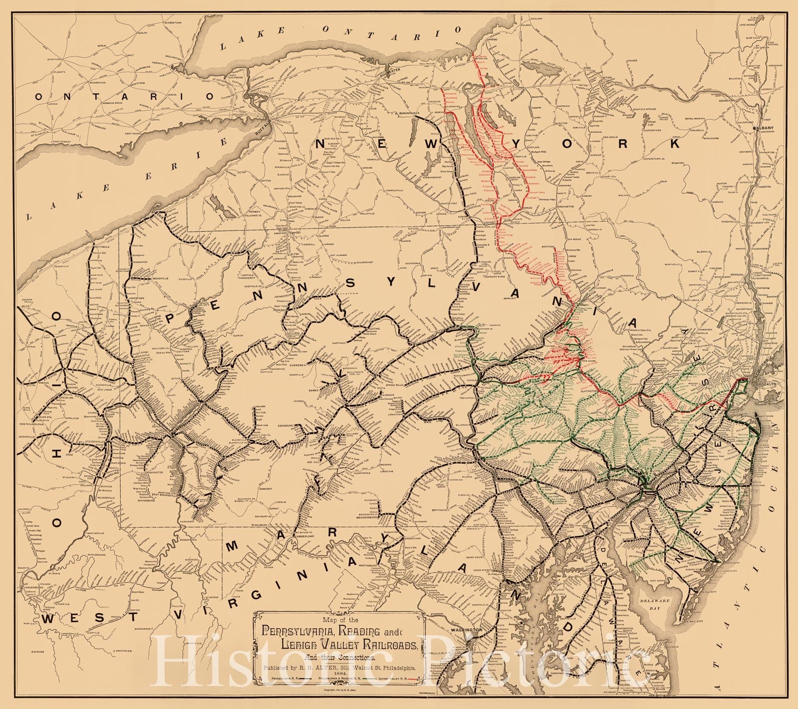 Historic 1884 Map - Map of The Pennsylvania, Reading, and Lehigh Valley Railroads, and Their Connections.