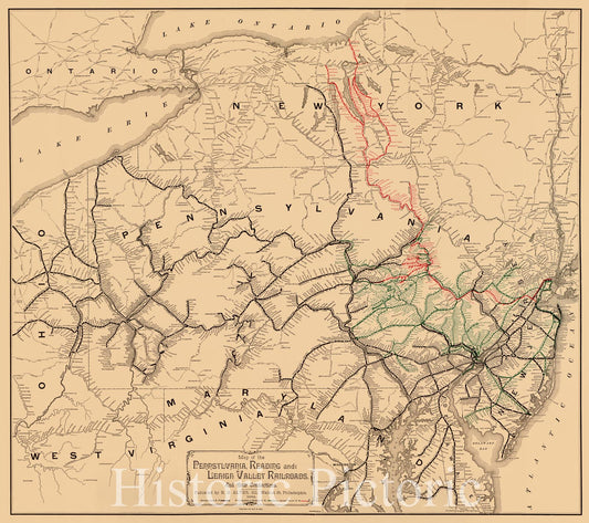 Historic 1884 Map - Map of The Pennsylvania, Reading, and Lehigh Valley Railroads, and Their Connections.