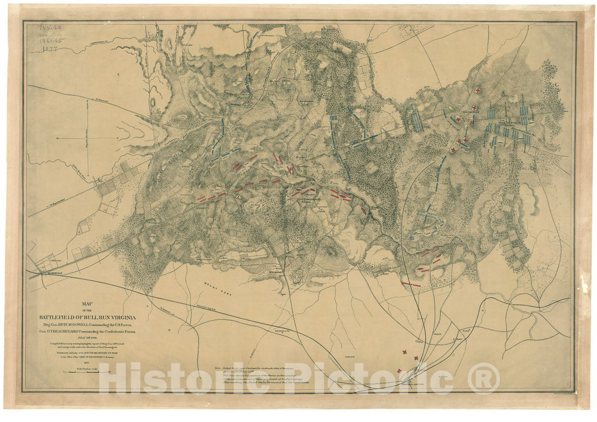 Historic 1877 Map - Map of The Battlefield of Bull Run, Virginia. Brig. Gen. Irvin McDowell Commanding The U.S. Forces 2