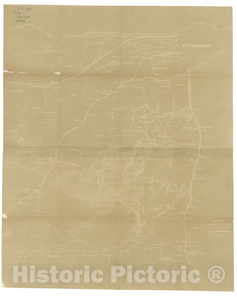 Historic 1864 Map - Map of Dinwiddie and Parts of Prince George and Sussex Counties, Virginia