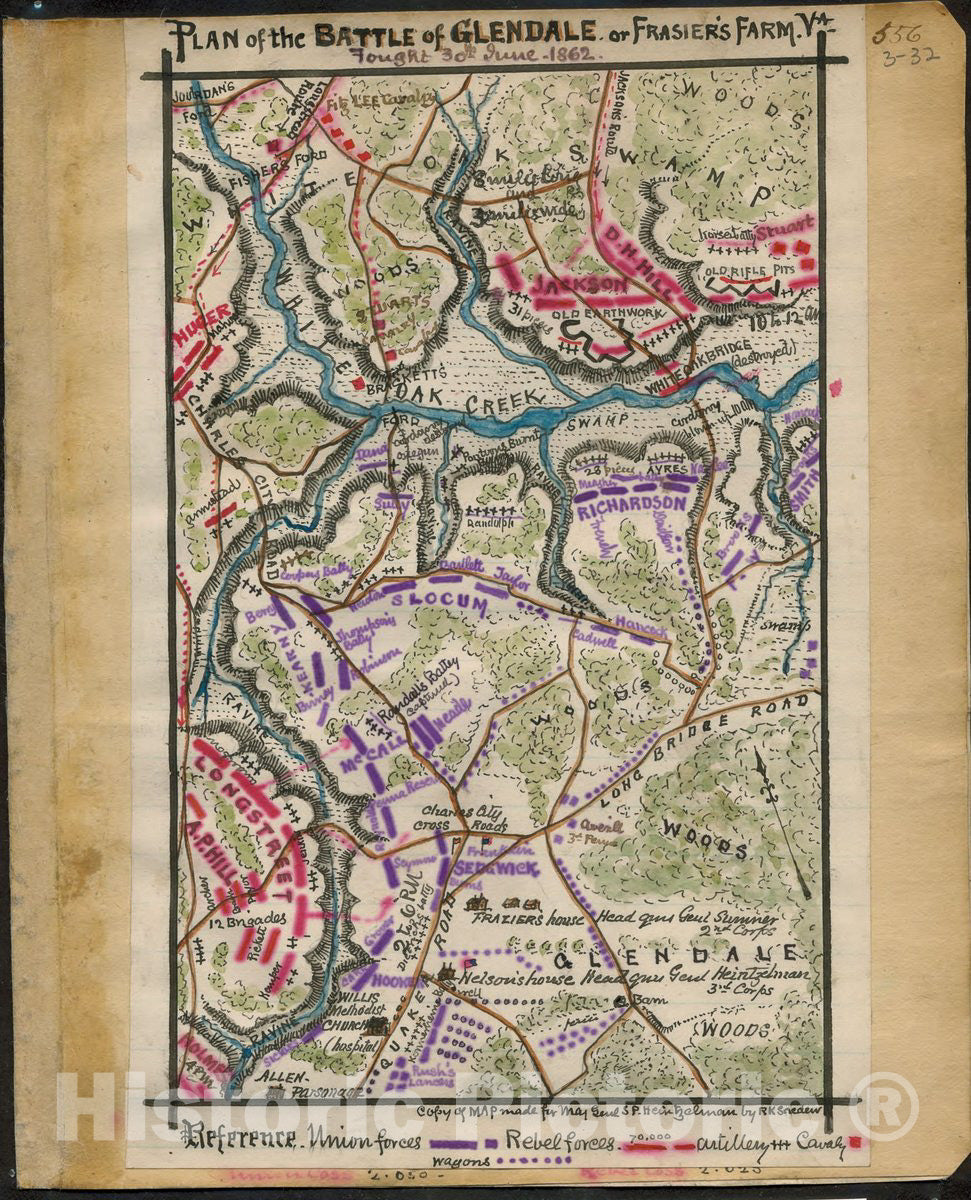 Historic 1862 Map - Plan of The Battle of Glendale or Frasier's Farm Va. Fought 30th June 1862.