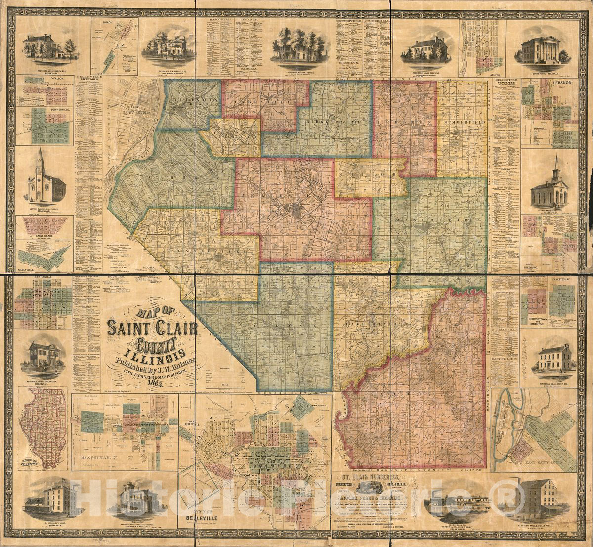Historic 1863 Map - Map of Saint Clair County, Illinois