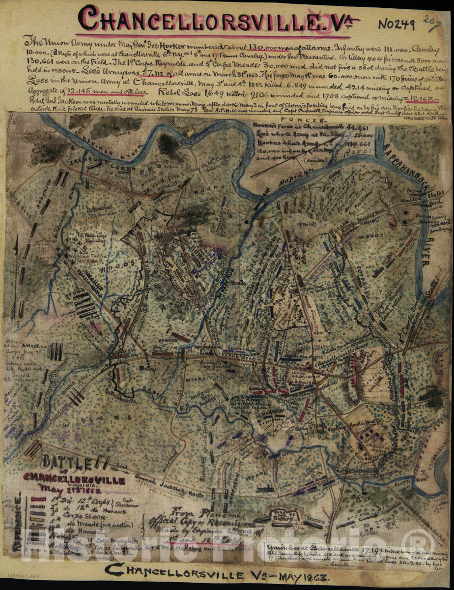 Historic 1863 Map - Battle of Chancellorsville, Virginia, May 2nd & 3rd 1863