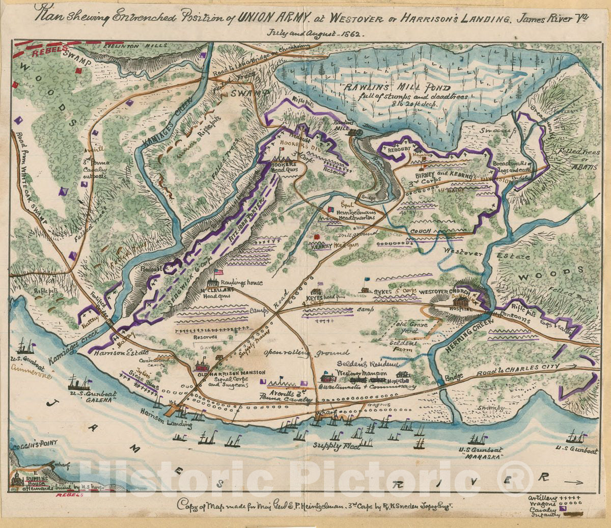Historic Map - Plan shewing sic entrenched Position of Union Army at Westover or Harrison's Landing, James River, Va, July and August 1862.