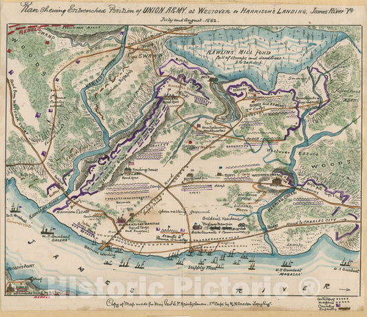 Historic Map - Plan shewing sic entrenched Position of Union Army at Westover or Harrison's Landing, James River, Va, July and August 1862.