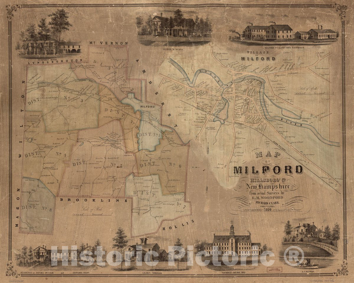 Historic 1854 Map - Map of Milford, Hillsboro' Co, New Hampshire