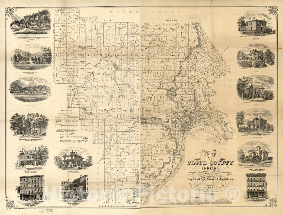 Historic 1859 Map - Map of Floyd County, Indiana : Showing The townships Sections divisions and Farm Lands with The Owners' Names and Number of Acres, Together with Roads, Rivers, Creeks
