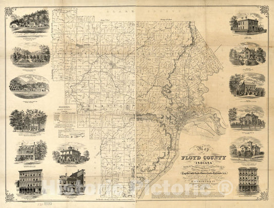 Historic 1859 Map - Map of Floyd County, Indiana : Showing The townships Sections divisions and Farm Lands with The Owners' Names and Number of Acres, Together with Roads, Rivers, Creeks