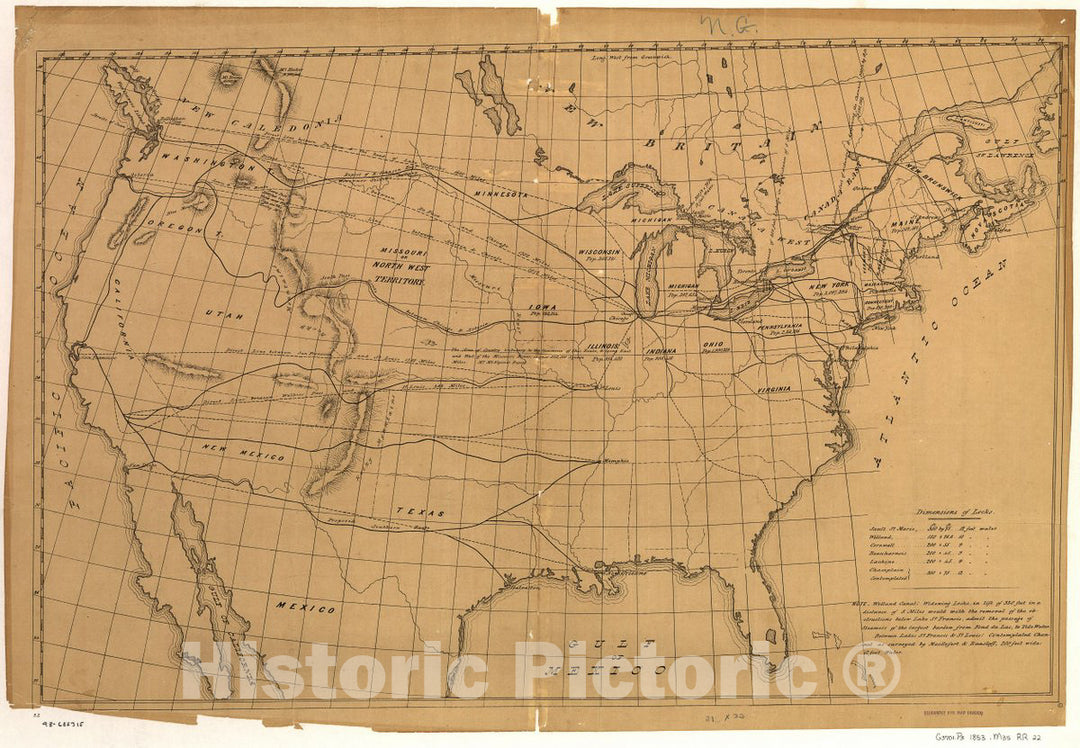 Historic 1853 Map - Outline map of The United States Showing Proposed Railroad Routes to The Pacific