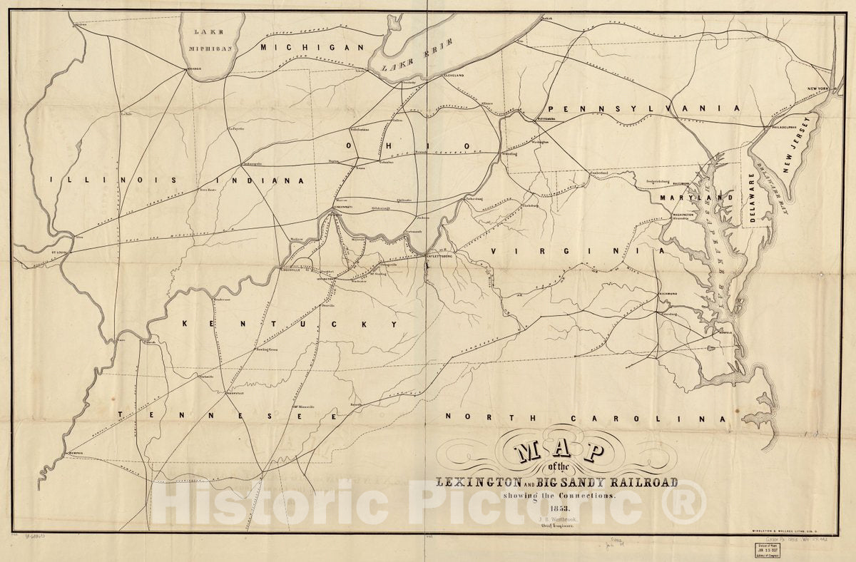 Historic 1853 Map - Map of The Lexington and Big Sandy Railroad Showing The Connections, 1853, J. B. Westbrook, Chief Engineer.