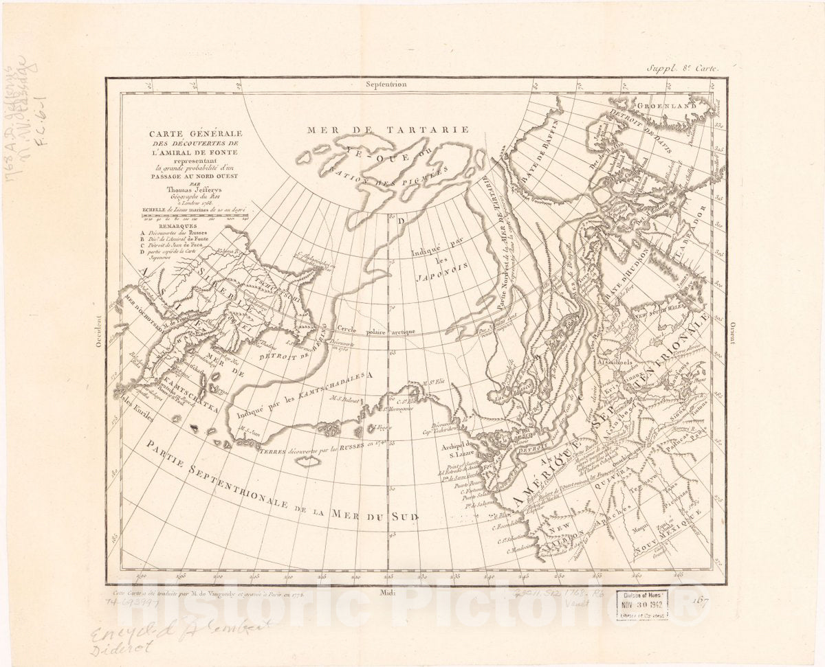 Historic 1772 Map - Carte gÃ©nÃ©rale des dÃ©couvertes de l'amiral De Fonte reprÃ©sentant la Grande probabilitÃ© d'un Passage au nord ouest