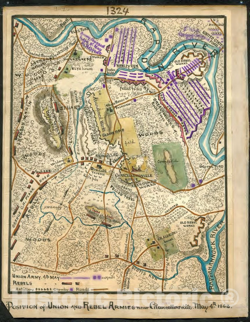 Historic 1863 Map - Position of Union and Rebel Armies Near Chancellorsville May 4th 1863