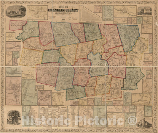 Historic 1858 Map - Map of Franklin County, Massachusetts : Based on The Trigonometrical Survey of The State : Details from Original surveys