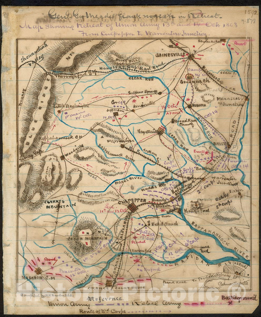 Historic 1863 Map - Map Showing Retreat of Union Army 13th and 14th Oct. 1863 from Culpeper to Warrenton Junction.