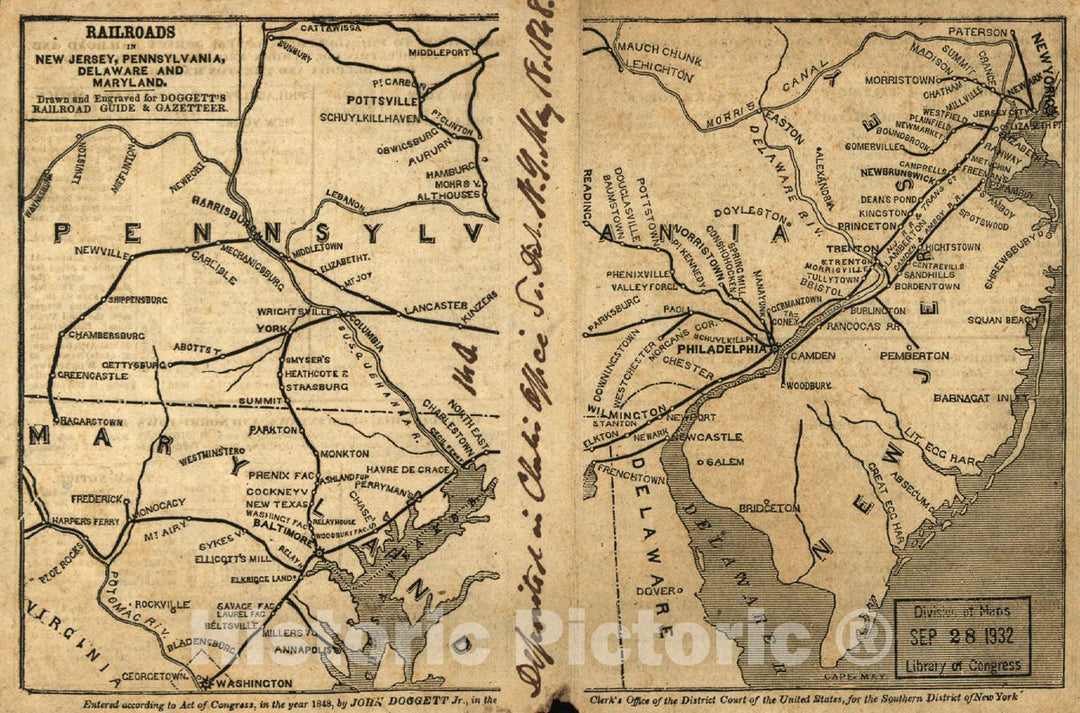 Historic 1848 Map - Railroads in New Jersey, Pennysylvania, Delaware and Maryland; Drawn and Engraved for Doggett's Railroad Guide & Gazetteer.