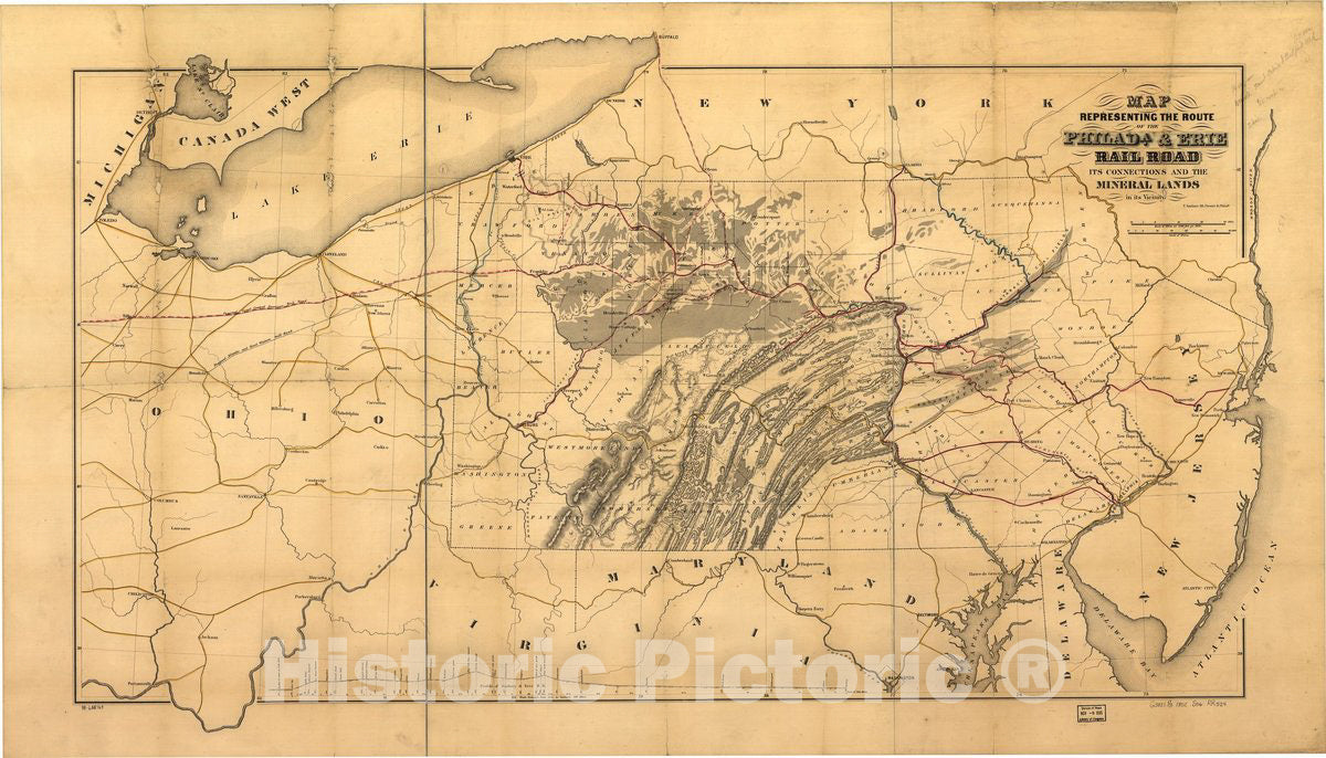 Historic 1852 Map - Map Representing The Route of The Philada. & Erie Rail Road its Connections and The Mineral Lands in its Vicinity.
