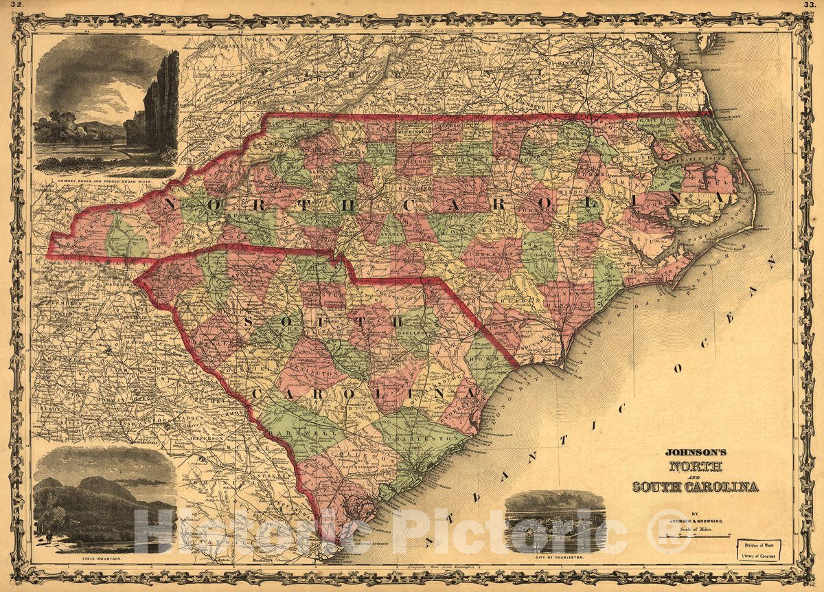 Historic 1861 Map - Johnson's North and South Carolina.