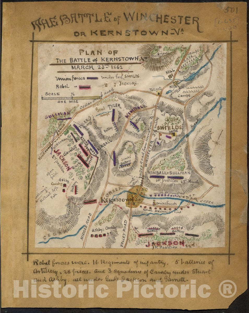 Historic 1862 Map - Plan of The Battle of Kernstown, Va. March 23rd 1862.