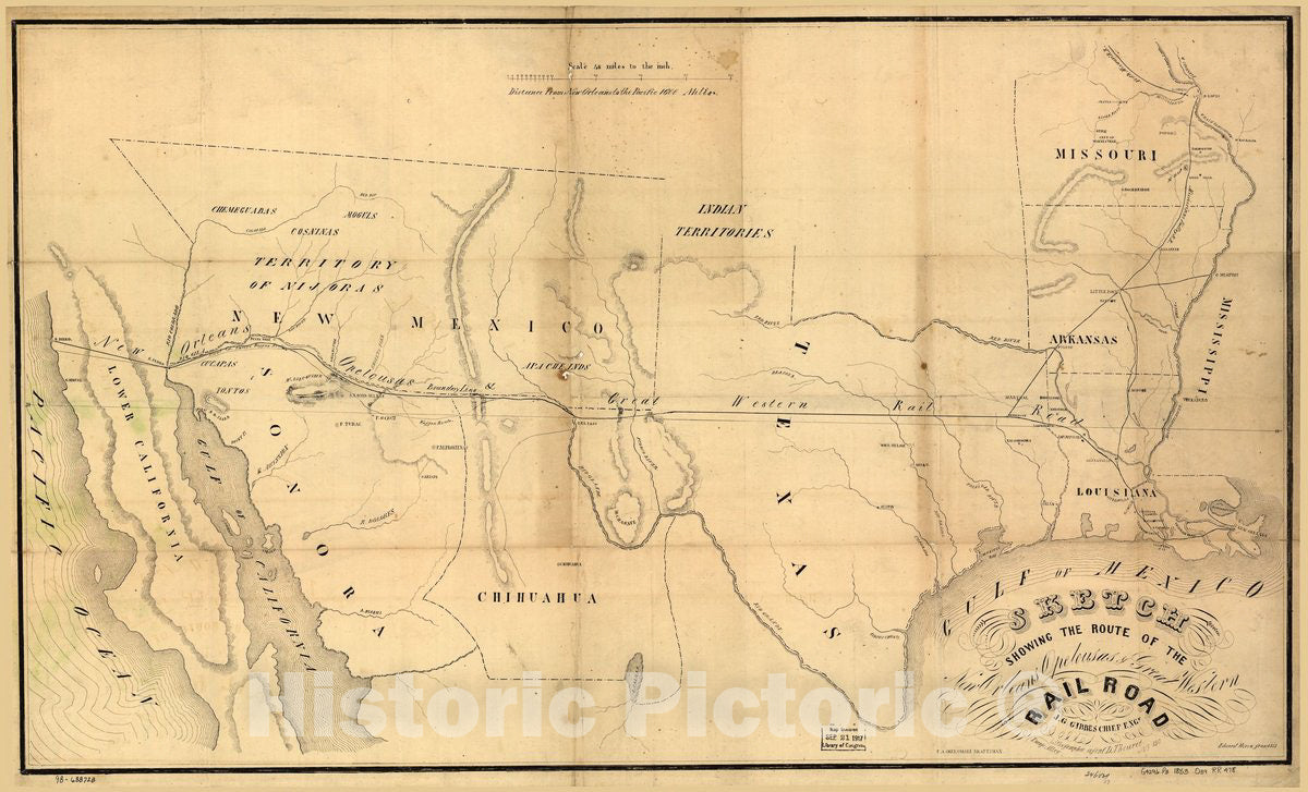 Historic 1853 Map - Sketch Showing The Route of The New Orleans, Opelousas & Great Western Rail Road, J. G. Gibbes, Chief Engr, lithographie sic Agent D. Theuret, Exange Alley, Nr. 130.