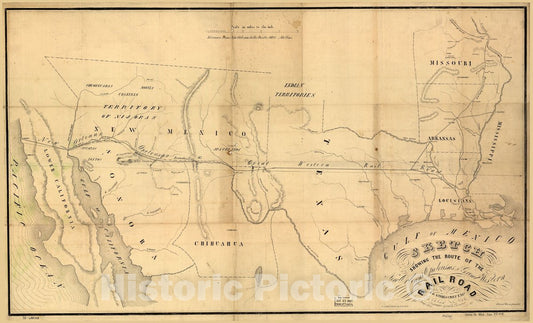 Historic 1853 Map - Sketch Showing The Route of The New Orleans, Opelousas & Great Western Rail Road, J. G. Gibbes, Chief Engr, lithographie sic Agent D. Theuret, Exange Alley, Nr. 130.