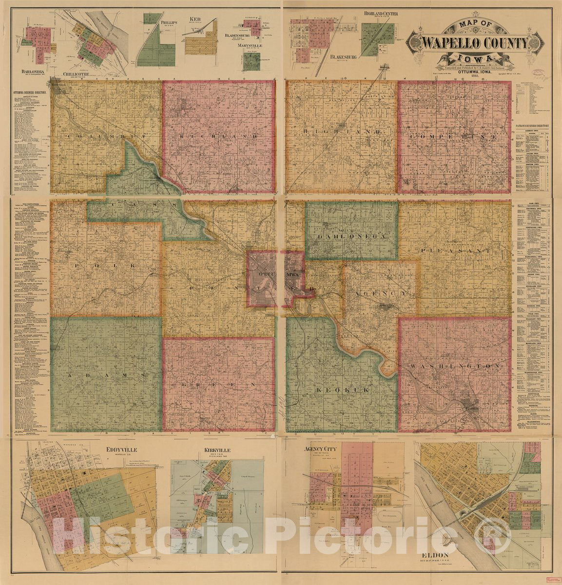 Historic 1893 Map - Map of Wapello County, Iowa