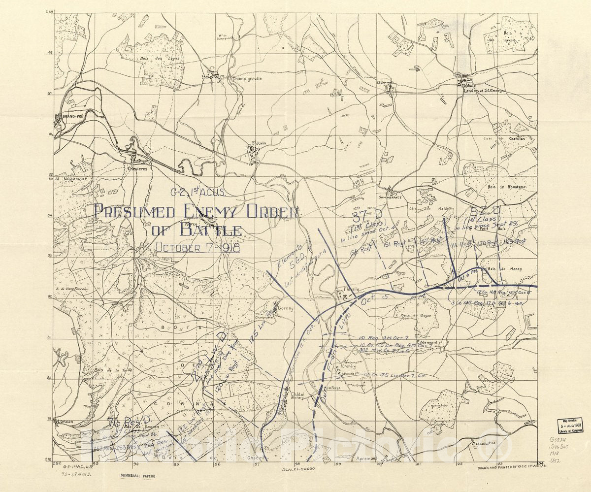 Historic 1918 Map - Presumed Enemy Order of Battle, October 7, 1918 : Sommerance Region