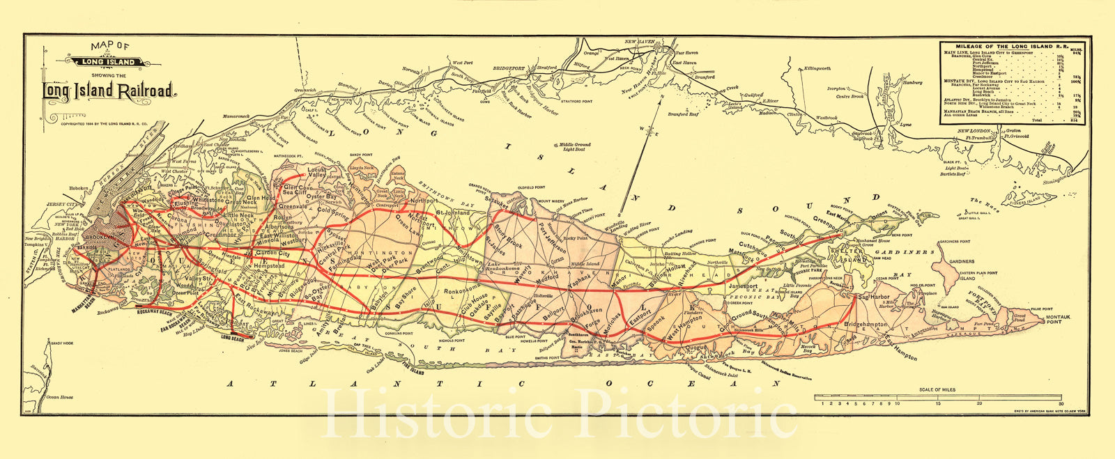 Historic 1884 Map - Map of Long Island Showing The Long Island Railroad.