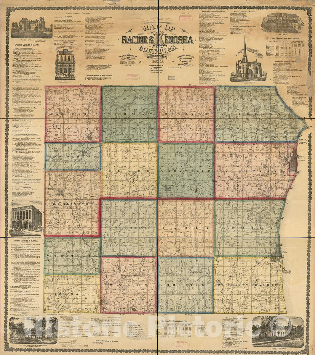 Historic 1873 Map - Map of Racine & Kenosha Counties, Wisconsin