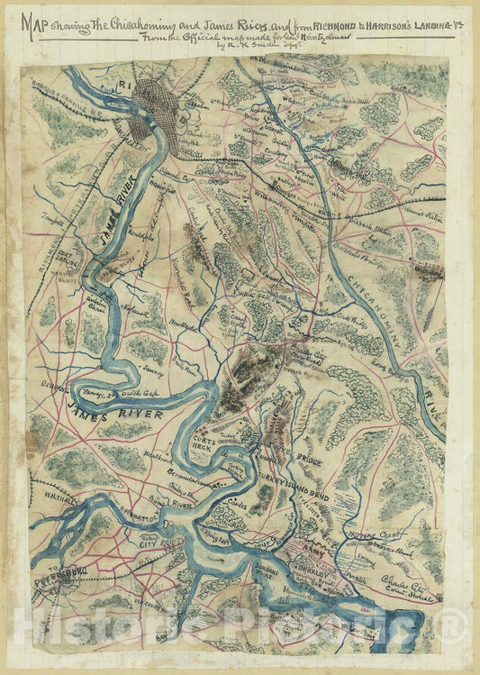 Historic Map - Map Showing The Chicahominy sic and James Rivers and from Richmond to Harrison's Landing, Va.