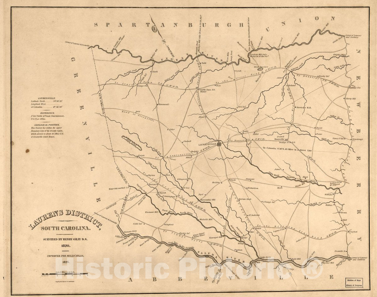 Historic 1825 Map - Laurens District, South Carolina
