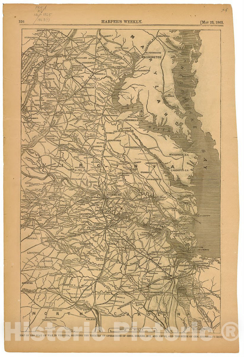 Historic 1863 Map - Map of The seat of war in Virginia : Showing The Theatre of Operations of Gens. Hooker, Dix, and Keyes, and The Scene of Gen. Stoneman's raid.