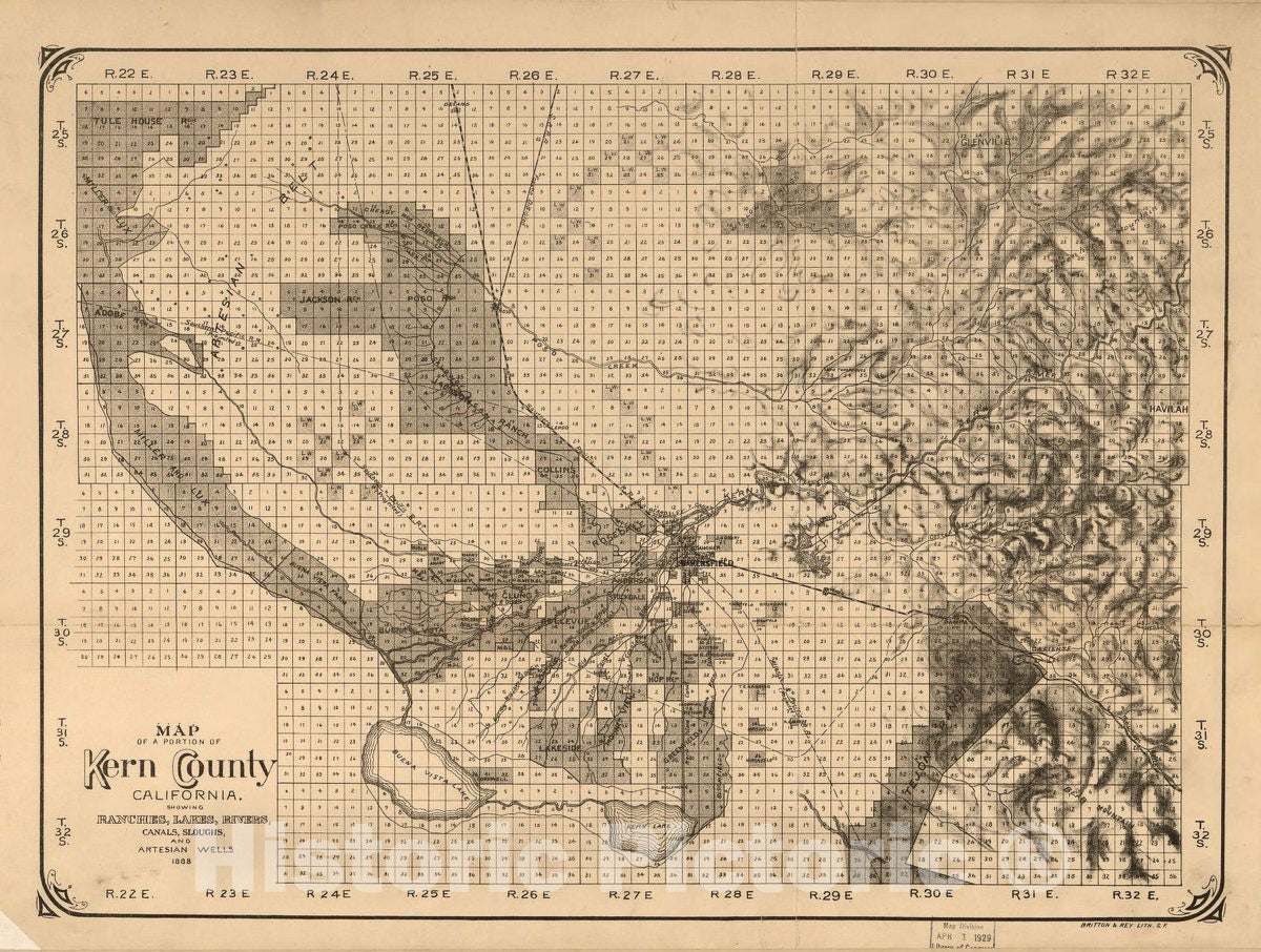 Historic 1888 Map - Map of a Portion of Kern County, California. : Showing ranches, Lakes, Rivers, canals, sloughs, and Artesian Wells.